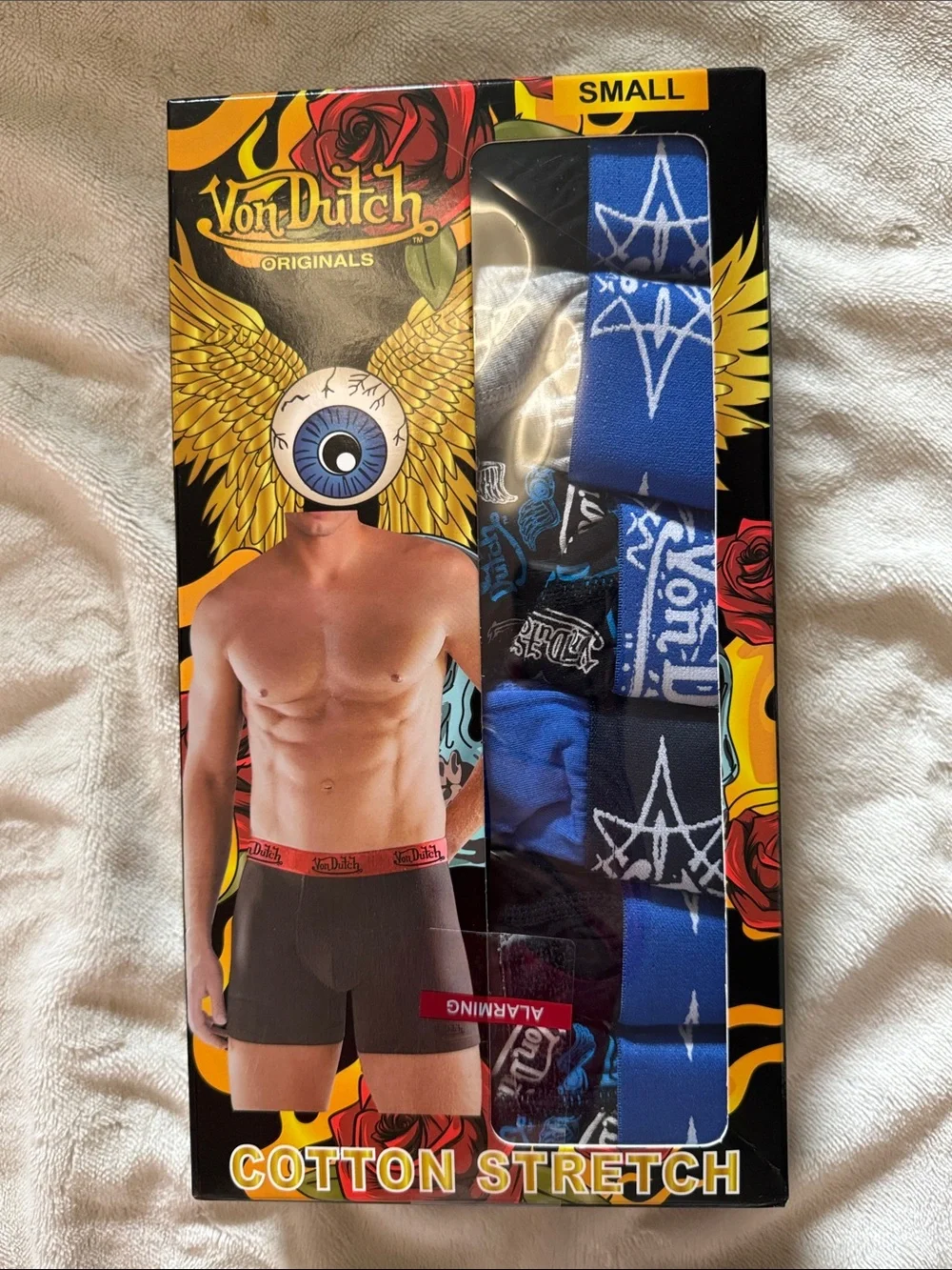 Von Dutch Blue and Black Cotton Stretch Boxer Briefs - Small (6 pack in a box)